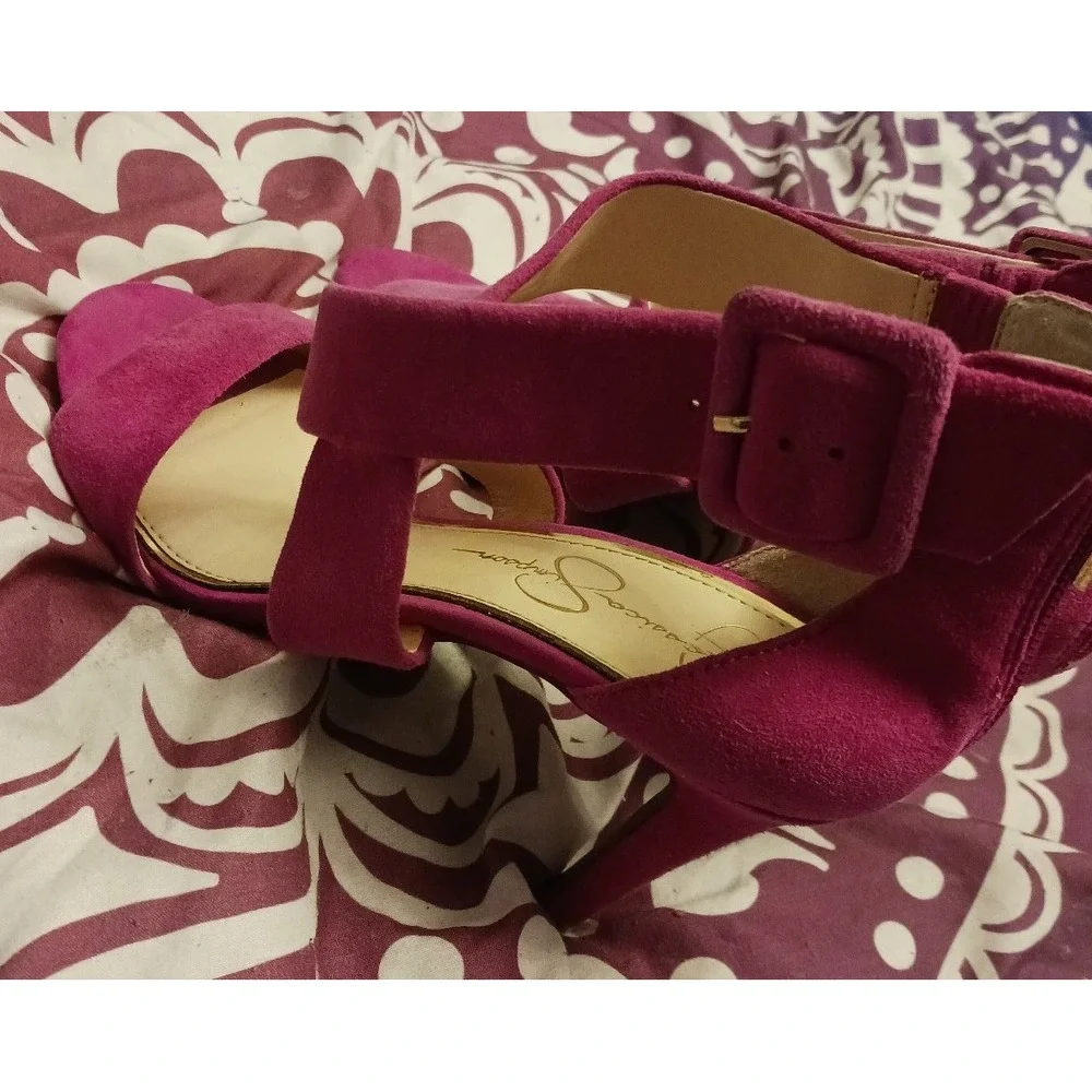 Jessica Simpson‎ Fuschia Suede Peep Toe Crossover Stiletto Heels, Size 8.5